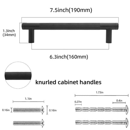 POVEFONK 10 Pack 6-5/16 inch(160mm) Matte Black Kitchen Cabinet Handles Knurled Cabinet Pulls Black Drawer Pulls Kitchen Hardware