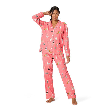 PJ Salvage Women's Flannel Long-Sleeve Top, Pant and Headband 3-Piece Pajama Set, Dark Coral, XL