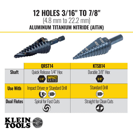 Klein Tools KTSB14 Step Drill Bit #14 Double-Fluted, 3/16 to 7/8-Inch with Easy-to-Read Step Markings and Targets, 3/8-Inch Hex Shank