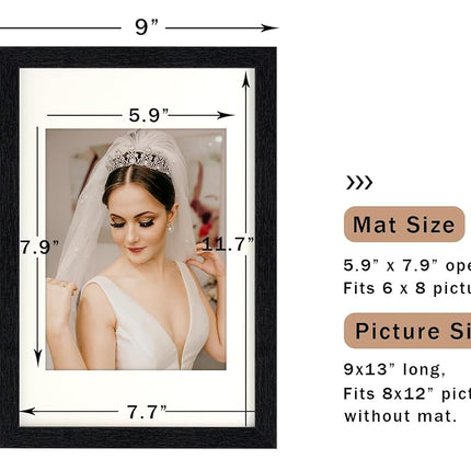 ORIVAN 8x12 Picture Frame Wood Display Picture 6x8 with Mat Vintage Black
