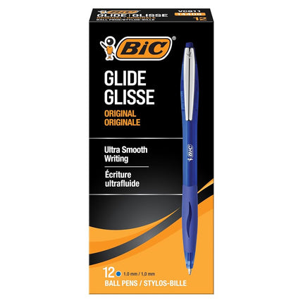 Bic Glide Retractable Ball Pen, Medium Point (1.0 mm), Blue, Comfortable Rubber Grip for Smooth Writing, 12-Count
