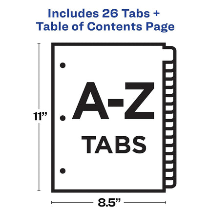 Avery A-Z Tab Dividers for 3 Ring Binder, Customizable Table of Contents, Multicolor, 1 Set (11125)