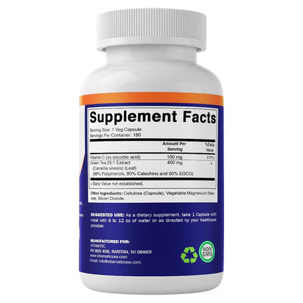 Vitamatic Green Tea Extract with Vitamin C, 25X Concentrate, 98% Polyphenols, 80% Catechins, 50% EGCG, 180 Vegetable Capsules