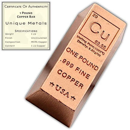 Unique Metals 1 Pound Copper Bar Ingot Paperweight