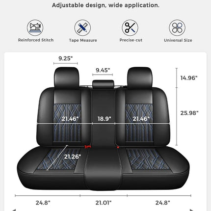Huidasource Leather Back Row Seat Covers, Waterproof Rear Split Bench Car Seat Covers, Vehicle Seat Cushion Cover Protector Universal Fit for Most Cars Sedan SUV Pickup Truck(Back Row/Black&Blue)