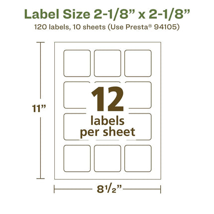 Avery EcoFriendly Matte White Recycled Square Labels, 2-1/8" x 2-1/8", Print-to-The-Edge, Matte White Labels, Permanent Adhesive, Laser/Inkjet Printable, 120 Total