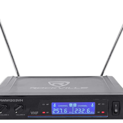 Rockville RWM1203VH Dual Wireless Handheld Microphone System, 2 Mics, VHF Long Range, Clear Sound, Digital Display, for Karaoke, Stage, Church, Live Events