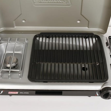 Parrilla y estufa de mesa 2 en 1 Coleman con 2 quemadores ajustables, parrilla/estufa de propano con encendido de botón, protectores contra el viento, bandeja para la grasa y 20,000 BTU de potencia para camping, pícnics y mucho más