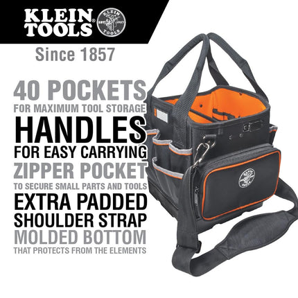 Tool Bag Tote with Shoulder Strap Has 40 Pockets for Tool Storage and Orange Interior KLEIN TOOLS 5541610-14