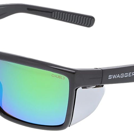 MCR Safety SR22BGZ Swagger SR2 Series Safety Glasses with Thermo Plastic Rubber Nose Pads and Detachable Side Shields, Charcoal Frame, Green Mirror Polarized Lens