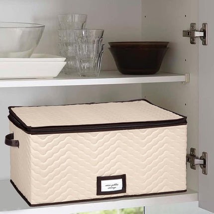 Wine Glass Storage Box with Dividers - Holds 12 Standard Size Wine Glasses up to 10" Tall - Stemware Storage Case - Protects Fine China - Durable Quilted Microfiber Bin with Carry Handles