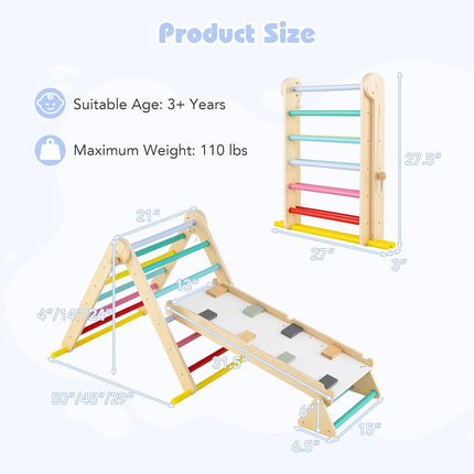 OLAKIDS Pikler Triangle Set 7 in 1 Climbing Toys for Toddlers Foldable Baby Wood Montessori Jungle Gym with Angle Adjustable Ladder Seesaw Ramp Indoor Playground (Colorful)