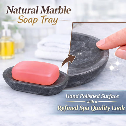 Creative Home Natural Charcoal Marble Curvy Collection Bar Soap Dish Soap Tray Holder Bathroom Countertop Small Accessories Organizer, 3.8" x 5.6" x 0.8" H, Grey