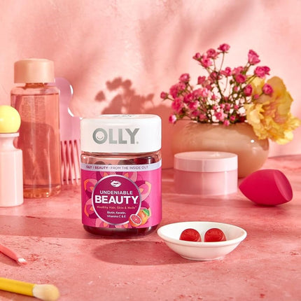 OLLY Undeniable Beauty Gummy, 30 Day Supply (60 Gummies), Grapefruit Glam, Biotin, Vitamin C, Keratin, For Hair, Skin, Nails, Chewable Supplement