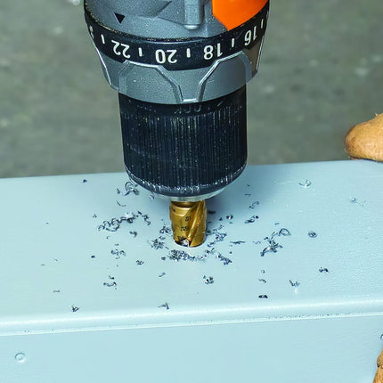 Klein Tools 25964 Step Drill Bit, 1/8 to 1/2-Inch, Spiral Double-Fluted, Cuts Thin Metal, Plastic, Aluminum, Wood, 1/4-Inch Hex Shank, VACO