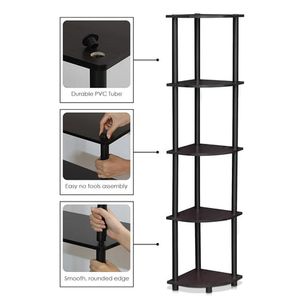 Furinno TURN-N-TUBE 5-Tier Corner Shelf, Bookcase, Dark Walnut