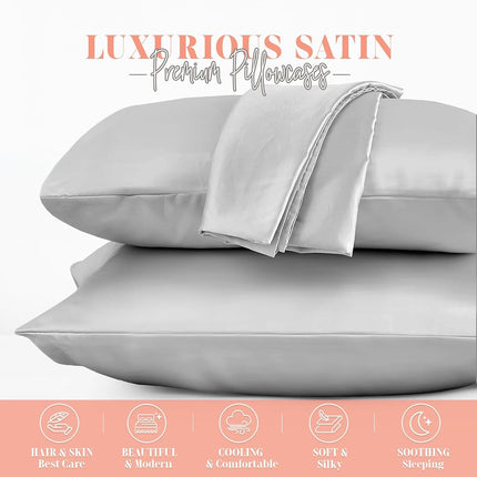 Elegant Comfort Silky and Luxurious 2-Piece Satin Pillowcase Set for Healthier Skin and Hair, Hidden Zipper Closure and Beautifully Packaged, Satin Pillowcase Set, King, Silver Gray