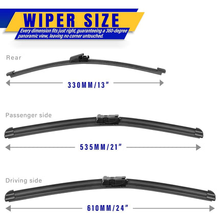 3 wipers Replacement for 2007-2017 VW Volkswagen Tiguan, Windshield Wiper Blades Original Equipment Replacement - 24"/21"/13" (Set of 3) Top Lock