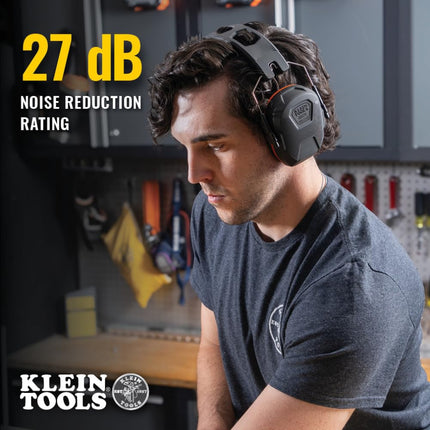 Klein Tools 60570 Hearing Protection Earmuffs, NRR 27dB, Ultra Thin Adjustable Safety Earmuffs Over The Head for Noisy Job Sites