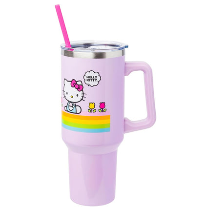 Vaso de acero inoxidable de doble pared Silver Buffalo Sanrio Hello Kitty, diseño de flores de primavera y verano con rayas arcoíris, con asa y popote, cabe en portavasos estándar, 40 onzas