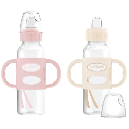 Dr. Brown’s Milestones Narrow Transitional Sippy Bottle with Silicone Handles 8oz 250mL 6m+ Light Pink and Ecru 2-Pack