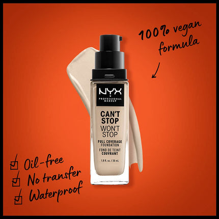 NYX Professional Makeup 24 Hour Full Coverage Lightweight Foundation, Can't Stop Won't Stop, Long Lasting, Waterproof, Vegan Formula, Matte Finish, Shade: Medium buff