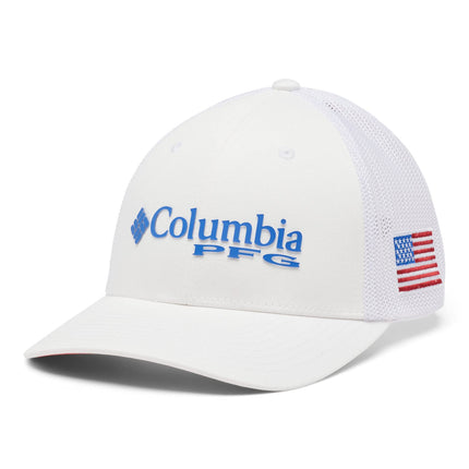 Columbia Unisex PFG Mesh Ball Cap, White, Vivid Blue, USA Flag, Large/X-Large