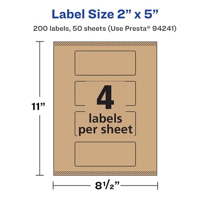 Etiquetas rectangulares Avery de papel kraft marrón con Sure Feed, 2" x 5", 200 etiquetas kraft marrón, Impresión hasta el borde, Etiquetas imprimibles con láser/inyección de tinta