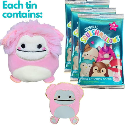 Squishmallows Official Kellytoy Collector's Tin Set with Micromallow Exclusive Pin and Trading Cads Choose Your Favorite or Collect Them All (Brina The Bigfoot)