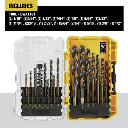 Jeu de forets DEWALT, 21 pièces, pointe fendue à 135 degrés, hélice à 31 degrés, revêtement en oxyde noir, pour plastique, bois et métal (DWA1181)