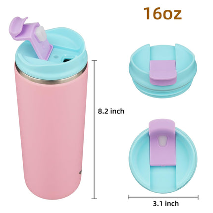 Konokyo Tumbler with Lid, 16 oz Travel Coffee Mug Double Wall Vacuum Stainless Steel Thermal Metal Cup Insulated Water Bottle,Pink