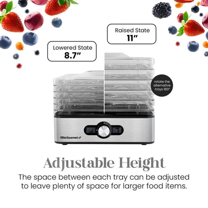 Déshydrateur alimentaire Elite Gourmet, déshydrateur alimentaire avec plateaux en acier inoxydable, commandes de température réglables, pour viande séchée, herbes, fruits, légumes, collations, 5 plateaux