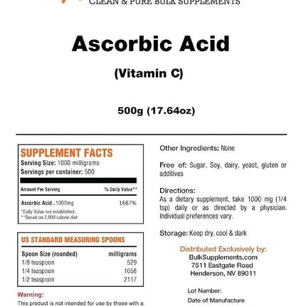 BulkSupplements.com Ascorbic Acid Powder - Vitamin C Supplement, Ascorbic Acid Food Grade - Powdered Vitamin C, Immune Support - Gluten Free, 1g per Serving, 500g (1.1 lbs) (Pack of 1)