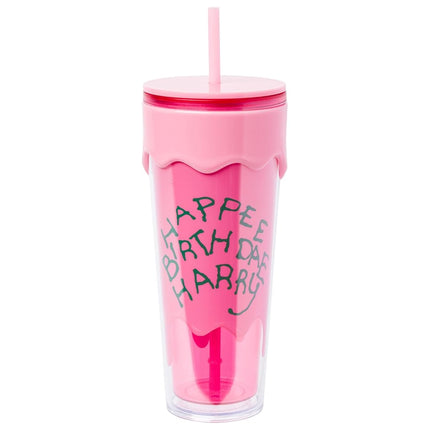 Silver Buffalo Harry Potter Feliz Cumpleaños Harry Vaso con Tapa y Diseño de Goteo 26oz. de Plástico