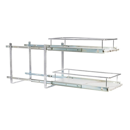 Household Essentials Glidez, organiseur de rangement coulissant à 2 niveaux en acier chromé et faux marbre, 28,5 cm de large, blanc et chrome
