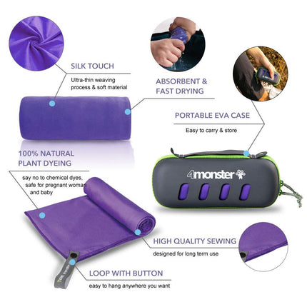 Toalla de viaje de microfibra 4Monster, toalla de camping, toalla de gimnasio, toalla de senderismo, de secado rápido y súper absorbente con estuche de viaje