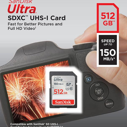 SanDisk 512GB Ultra SDXC Card, SD Card, Memory Card With Up To 150 MB/s Read Speeds, For Entry Level And Mid-range Compact Camera's, Full HD Video, UHS-I, Class 10, U1