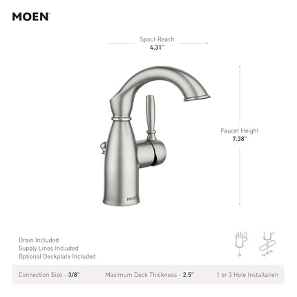 Robinet de salle de bain rustique Moen Sarona en bronze méditerranéen à poignée unique, à trou unique, avec plaque de pont en option, robinet d'évier de salle de bain traditionnel et ensemble de bonde, 84144BRB