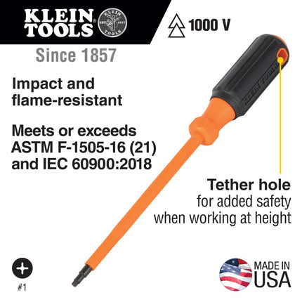 Klein Tools 6846INS Insulated Screwdriver, 1000V #2 Square Tip Screwdriver with 6-Inch Shank, Tip-Ident, Cushion-Grip Handle