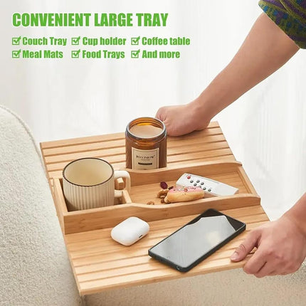 Abizarch Bamboo Sofa Armrest Tray Table - Foldable Couch Cup Holder,Anti-Slip Side Table Armrest Clip Tray, Multifunctional Couch Organizer, Drink Snack Remote Control Holder