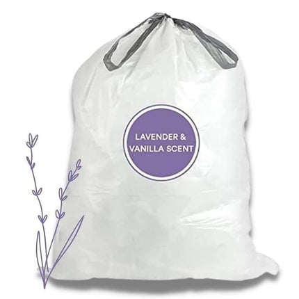 Plasticplace TRA170WHLV White Drawstring Lavender and Soft Vanilla Scented Rubbish Bin Liners, Code H Compatible (200 Count), 8-9 Gallon 30-35 Liter, 18.5" x 28"