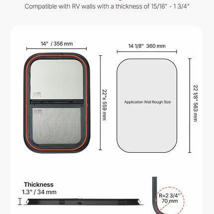 Fenêtre verticale pour camping-car VEVOR, 30,5 cm L x 55,9 cm H, coulissante teintée avec moustiquaire et anneau de garniture, pour paroi de 2,4 cm à 4,4 cm d'épaisseur, remplacement de fenêtre de camping-car pour caravane Teardrop Cargo, homologuée DOT
