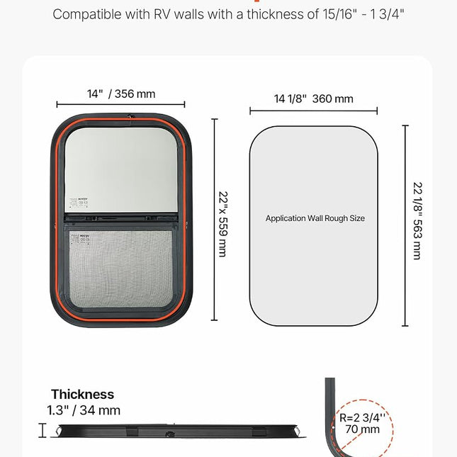 VEVOR Vertical RV Window, 14" W x 16" H Tinted Sliding with Net Screen & Trim Ring, Fit 15/16" - 1 3/4" Thickness Wall, RV Window Replacement for Teardrop Cargo Trailer Camper, DOT Approved
