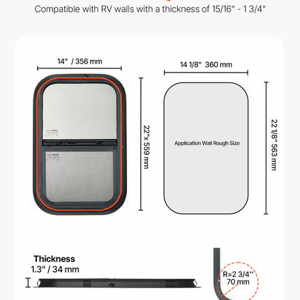VEVOR Vertical RV Window, 14" W x 22" H Tinted Sliding RV Windo w with Net Screen & Trim Ring, Fit 15/16" - 1 3/4" Thickness Wall, RV Windo Replacement for Teardrop Cargo Trailer Camper, DOT Approved