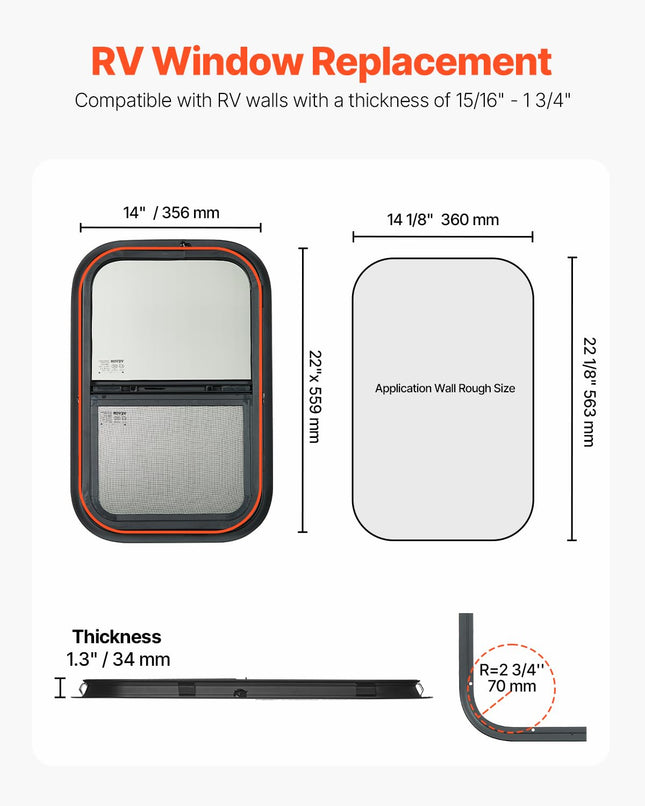 VEVOR Vertical RV Window, 14" W x 22" H Tinted Sliding RV Windo w with Net Screen & Trim Ring, Fit 15/16" - 1 3/4" Thickness Wall, RV Windo Replacement for Teardrop Cargo Trailer Camper, DOT Approved