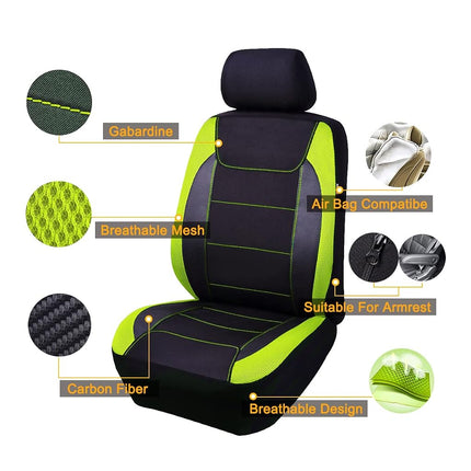 Flying Banner car seat Covers Quality Carbon Fiber Air Mesh Fabric Sport Low High Back Bucket Back Pocket Arm Rest (2 Fronts - Low Bucket, Green)