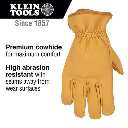 Klein Tools 60603 Work Gloves, Premium Cowhide Leather Gloves, Abrasion-Resistant Split Leather Palm Patch, Medium