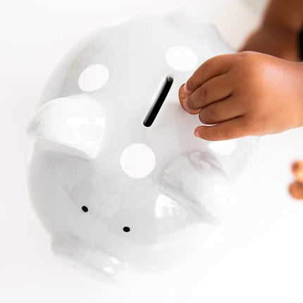 Pearhead Large Piggy Bank, Ceramic Money Bank For Kids, Baby Keepsake Gift, Gender Neutral Nursery Décor, Grey Polka Dot