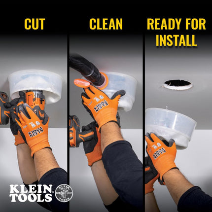 Klein Tools 80156 Bi-Metal Hole Saw Set, 6-3/8-Inch Saw, 7/16-Inch Arbor with Pins, Dust Bowl, for Drywall Ceiling and Recessed Lighting, 3-Piece