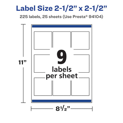 Avery Matte White Removable Square Labels with Sure Feed Technology, 2.5" x 2.5", 225 Removable Labels, Laser/Inkjet Printable Labels